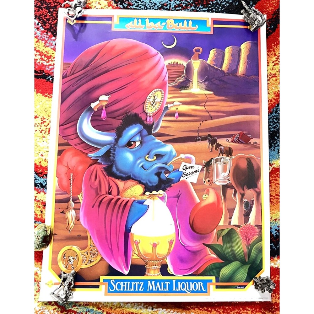 Vtg 1982 SCHLITZ MALT LIQUOR Ali ba-Bull Advertisement Poster Beer Genie Art